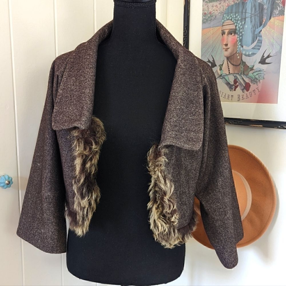 Max Azria Tweed Wool Fur Jacket  S Whimisgoth Mobwife Glam Boho Preppy Mad Men